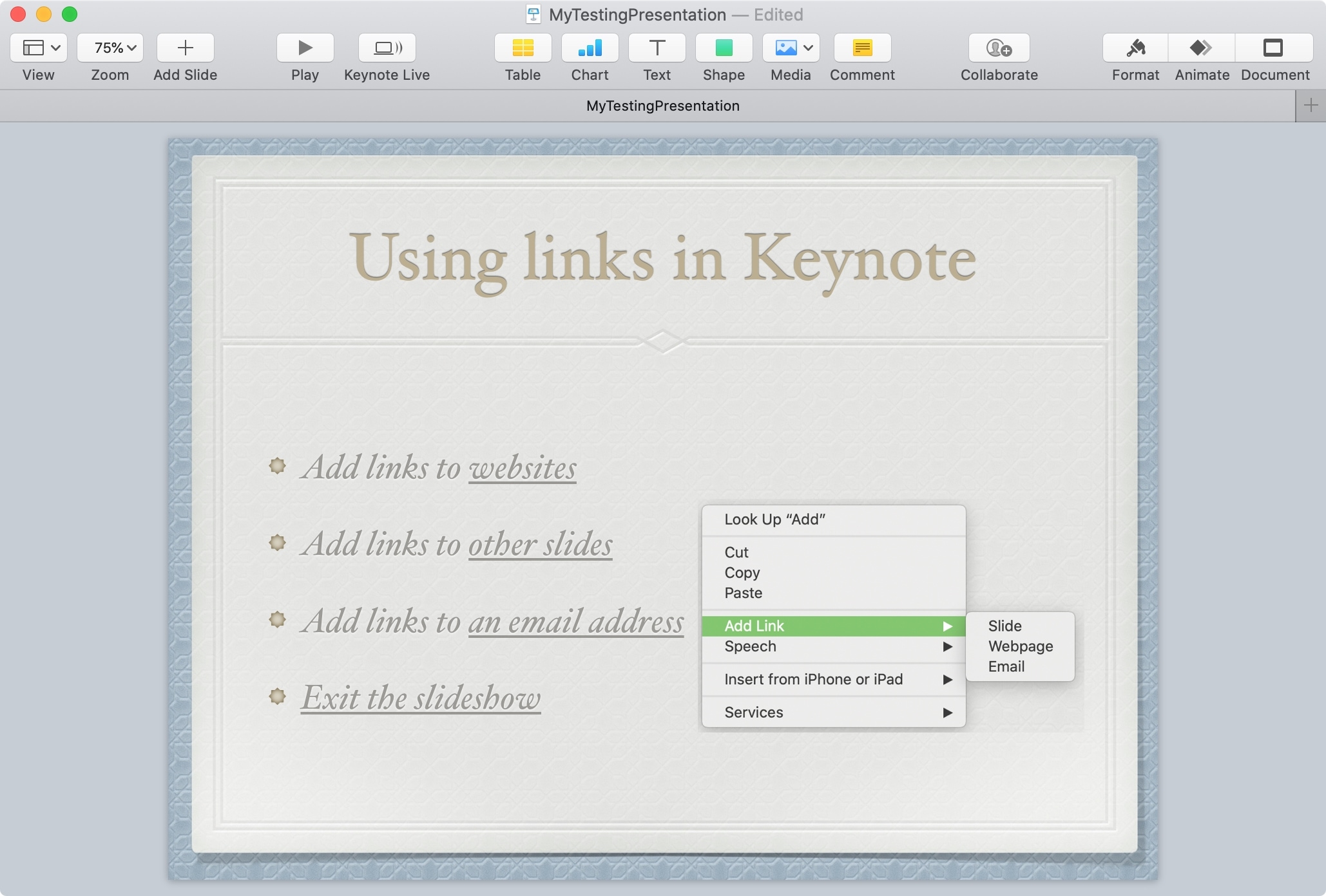 Cómo añadir enlaces en Keynote a una página web, otra diapositiva o dirección de correo electrónico