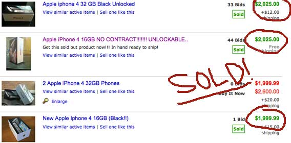 iPhone 4 en eBay Vendiendo por $1,000 a $2,500