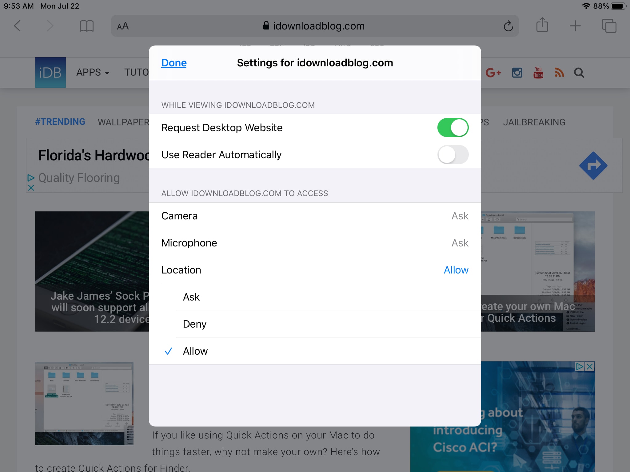 Cómo usar el sitio web de Safari Ver el menú y los ajustes de cada sitio en el iPad