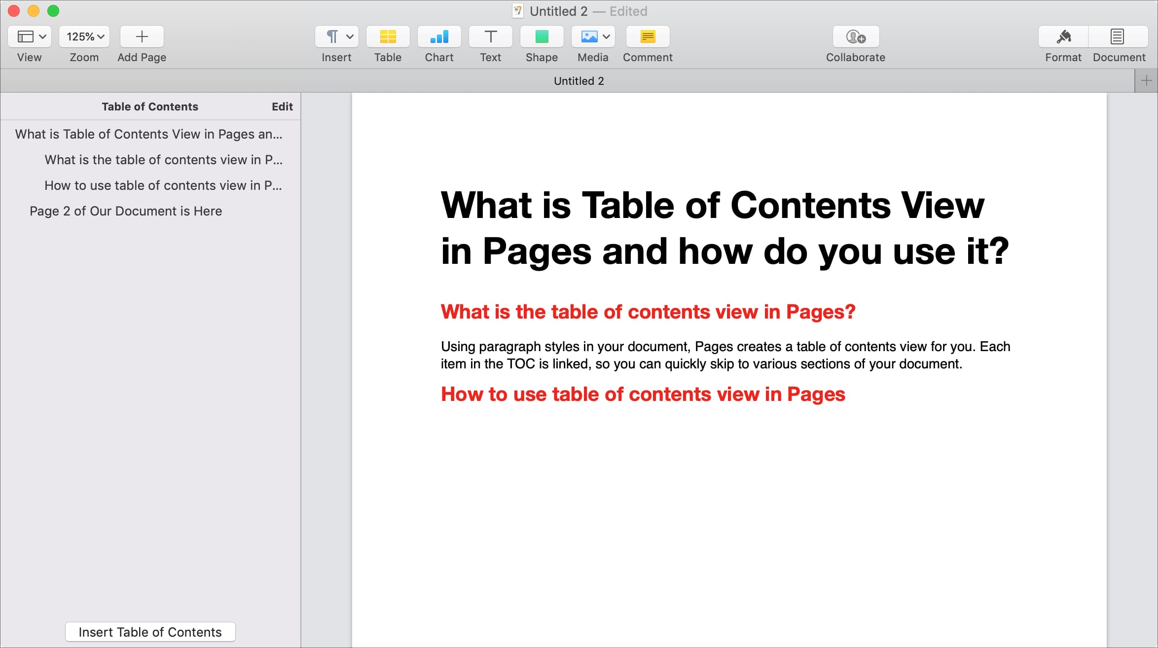 ¿Qué es la vista de tabla de contenido en las páginas y cómo se usa?