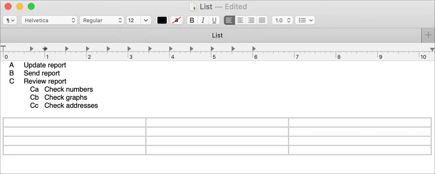 Cómo trabajar con tablas y listas en TextEdit en Mac