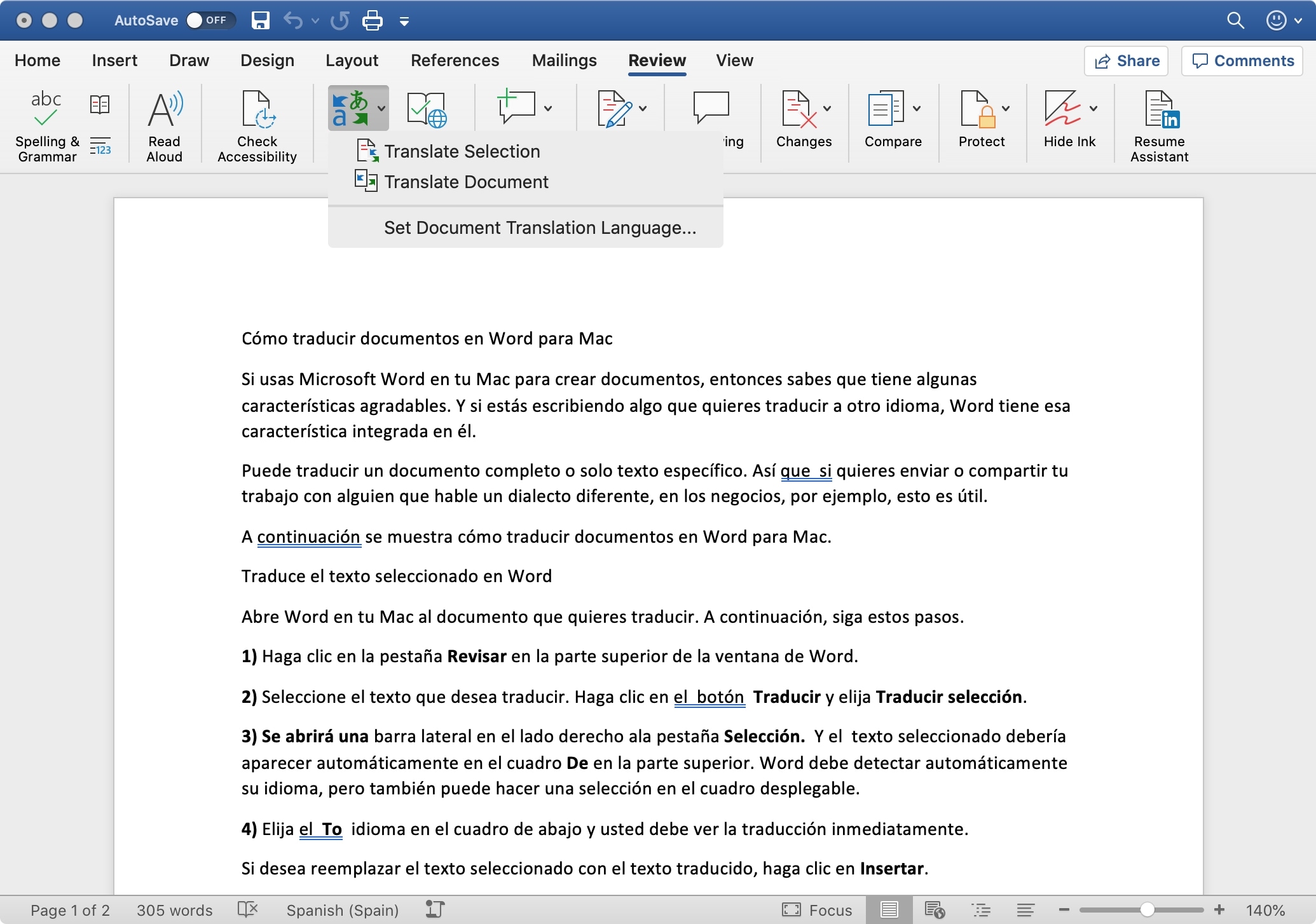Cómo traducir documentos y textos en Word en Mac