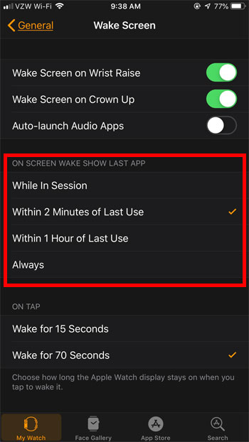 elija cuánto tiempo se abre Apple Watch en la aplicación después del último uso