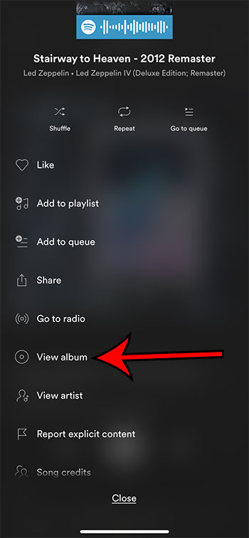 cómo ver un álbum de una canción que estás escuchando en Spotify en iPhone
