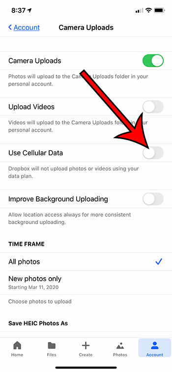 cómo evitar que la aplicación Dropbox de iPhone use datos móviles para cargas