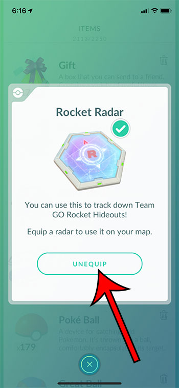 cómo desequipar un radar cohete en Pokémon Go
