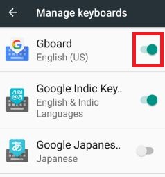 Activar la aplicación de teclado Gboard en el teléfono nougat 7.0