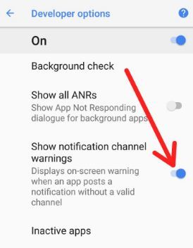 Habilitar la visualización de advertencia del canal de notificación en Android 8.1