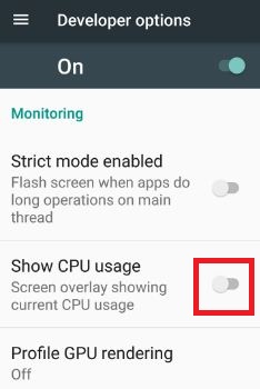 Deshabilitar la visualización del uso de la CPU en Android Nougat
