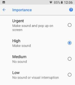 Cambiar la importancia de la notificación de la aplicación de mensajería en Galaxy S9