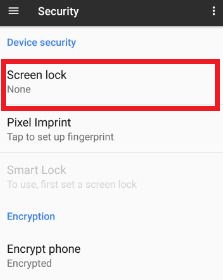 Toque el bloqueo de pantalla debajo de la configuración de seguridad del dispositivo en el píxel