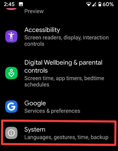 Configuración del sistema en Android 10 para gesto completo