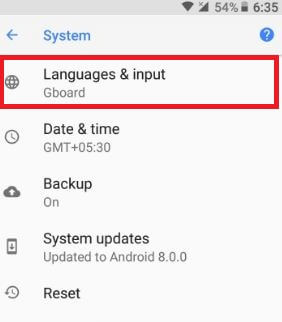 Idioma y entrada en la configuración del sistema Android Oreo