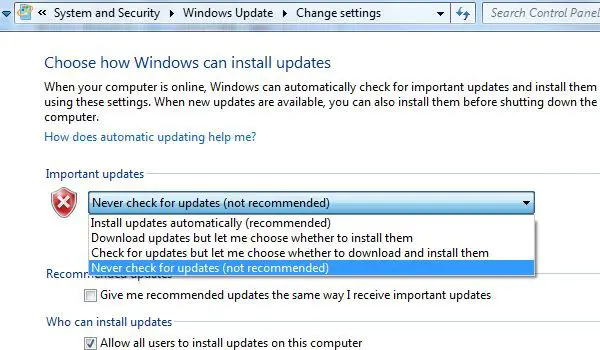 Cómo deshabilitar la actualización automática en Windows 7