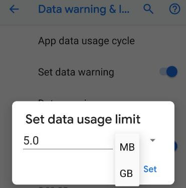 Establecer el límite de uso de datos para el teléfono Android 9 Pie