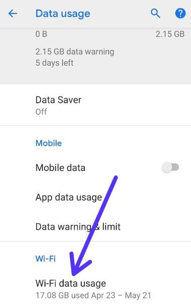 Configuración de uso de datos WiFi de Android P
