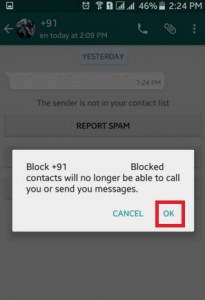 Toque Aceptar para bloquear contactos en WhatsApp
