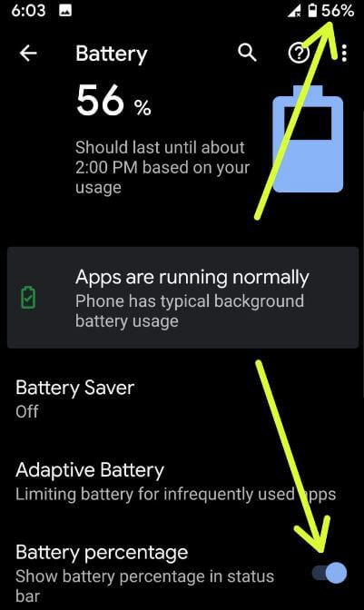 Cómo activar el porcentaje de batería en Android 10