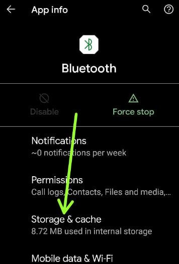 Configuración de caché y almacenamiento de Pixel Bluetooth