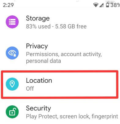 Configuración para la ubicación de Android 9 Pie
