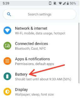 Configuración de la batería en Android P