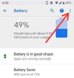 Datos de uso de la batería en Android P.