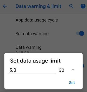 Cómo establecer el límite de datos en Android P 9.0