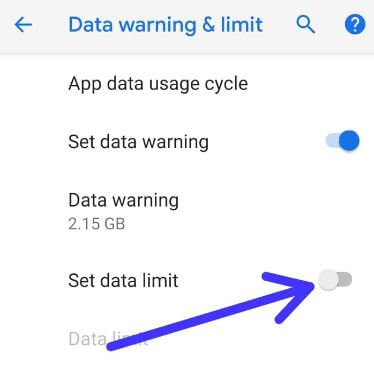 Establecer el límite de datos en Android P 9.0
