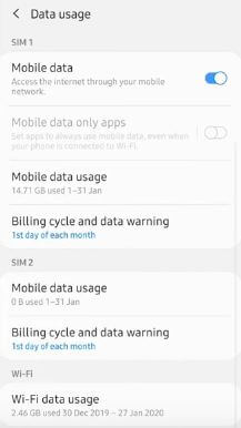 Samsung A50 ciclo de facturación y alerta de datos