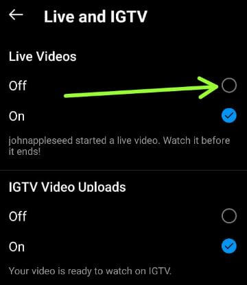 Deshabilite las notificaciones de video en vivo en dispositivos Android Instagram
