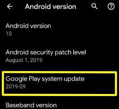 Configuración de actualización del sistema Google Play Android Q Beta 6