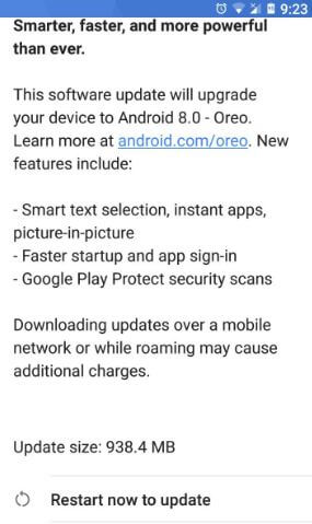 Reinicie ahora para actualizar Google Pixel XL a Android 8.0 Oreo