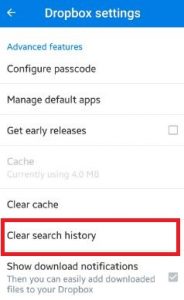 borrar el historial de búsqueda de Dropbox de Android