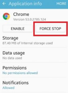 Aplicación Chrome Force Stop en Android
