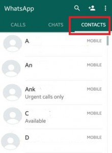 Toque Contactos en la pantalla de WhatsApp