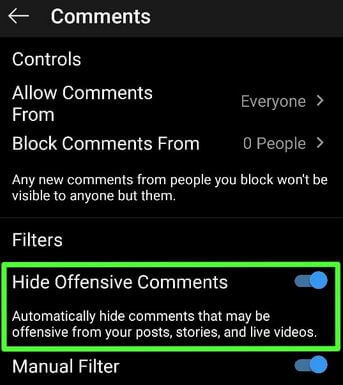 Ocultar comentarios abusivos en Android Instagram