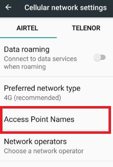Nombres de puntos de acceso en la configuración de la red celular