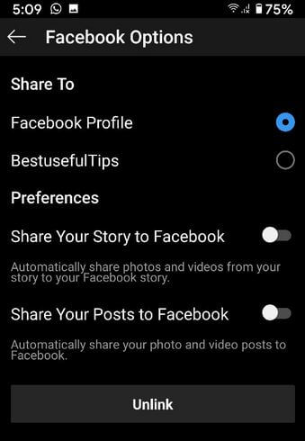 Desconecte su cuenta de Instagram de Facebook en Android
