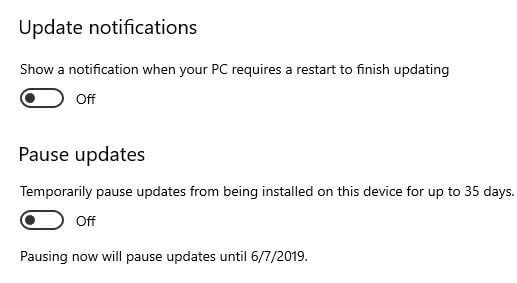 Actualizar pausa en Windows 10