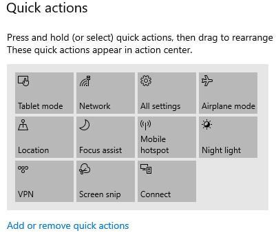 Agregar o eliminar acciones rápidas en el Centro de actividades de Windows 10