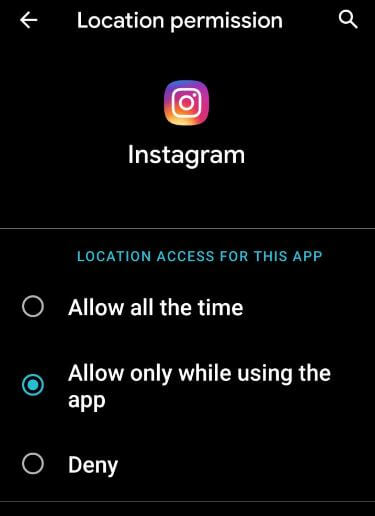 Verifique los permisos de ubicación de la aplicación en Android 10