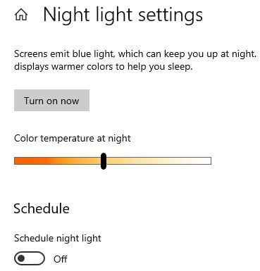 Ponga Night Light en su PC con Windows 10