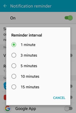 Establecer la duración del intervalo de recordatorio en Android
