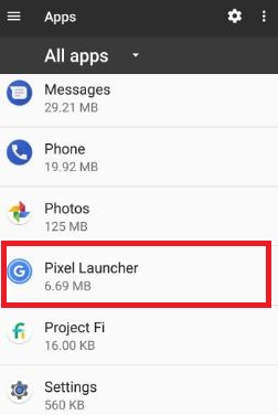 Ponte en contacto con Pixel Launcher en la lista de aplicaciones de Pixel