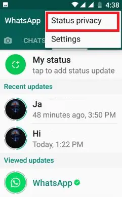 Configuración de privacidad del teléfono Android de estado de WhatsApp