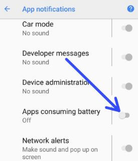 Deshabilitar la notificación de uso de batería en Android Oreo 8.1