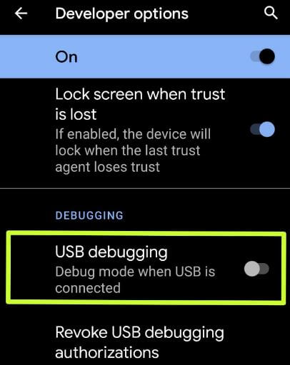 Usar depuración USB en Android 10