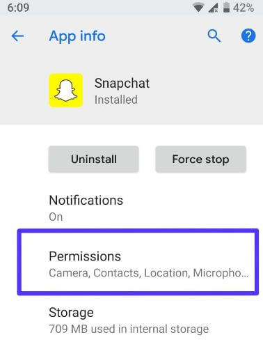 Configuración de permisos de la aplicación Snapchat en un dispositivo Android