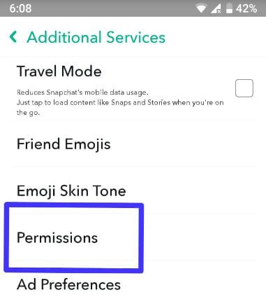 Configuración de permisos de aplicaciones en Snapchat android