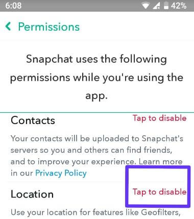 Cómo deshabilitar los permisos de ubicación en el dispositivo de mapa Android Snap